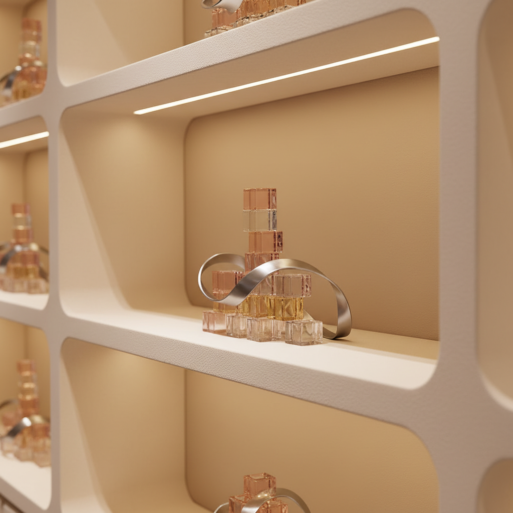 A niche view of the concept store’s decorative shelving dedicated to collagen-inspired art pieces, featuring a custom-built, curved shelving system in matte plaster with softly rounded edges. On one shelf rests a series of small, stacked glass blocks in varying transparencies of rose, champagne, and clear, reflecting light like crystalized collagen. Nearby, a delicate, ribbon-like metal sculpture in brushed nickel weaves between them. The background is a warm, neutral wall, with integrated LED lighting hidden in the shelf undersides, casting an even, golden glow that highlights surfaces without harsh shadows. Photographic realism, shot at a slight side angle with selective focus on the central glass blocks, creating a quietly luxurious, almost ethereal atmosphere.