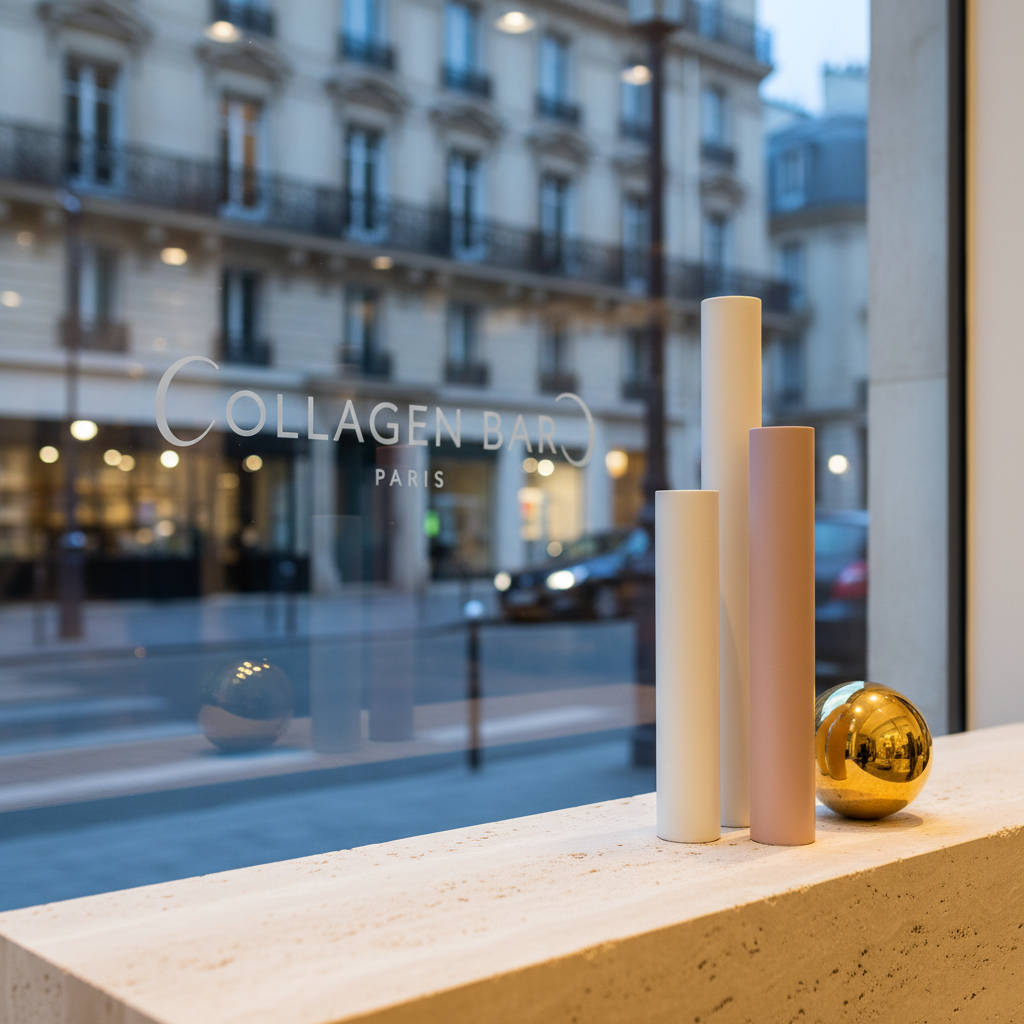 A meticulously styled window display of the Collagen Bar Paris concept store, seen from inside, focusing on an arrangement of sculptural decor pieces against a backdrop of Parisian architecture softly blurred beyond the glass. On a low, pale travertine plinth, tall, slender ceramic columns in matte off-white and pale rose stand alongside a single polished brass orb. The storefront glass features a subtle, frosted logo in elegant lettering. Early evening city light mixes with warm interior spotlights, producing nuanced reflections and layering on the glass. Photographic realism with a slightly oblique angle, mid-depth focus on the objects and logo, and gentle bokeh on the outside street, conveying an exclusive yet inviting mood.