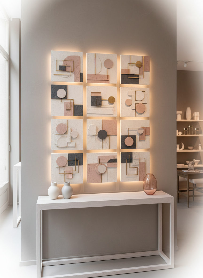 A meticulously curated display wall in a premium Parisian concept store, featuring a harmonious grid of sculptural wall art pieces in muted ivory, blush, and charcoal tones. Each artwork combines textured plaster reliefs, brushed brass inlays, and matte ceramic discs, arranged on a soft taupe plaster wall. Below, a slender oak console with a pale, almost bleached finish holds minimalist vases and a single translucent pink glass object. Soft, diffused daylight enters from an unseen window, enhanced by concealed warm LED strips that graze the art, creating delicate shadows and depth. Photographic realism with an eye-level composition and gentle vignetting, calm and sophisticated atmosphere, shallow depth of field subtly blurring the far edges of the store.