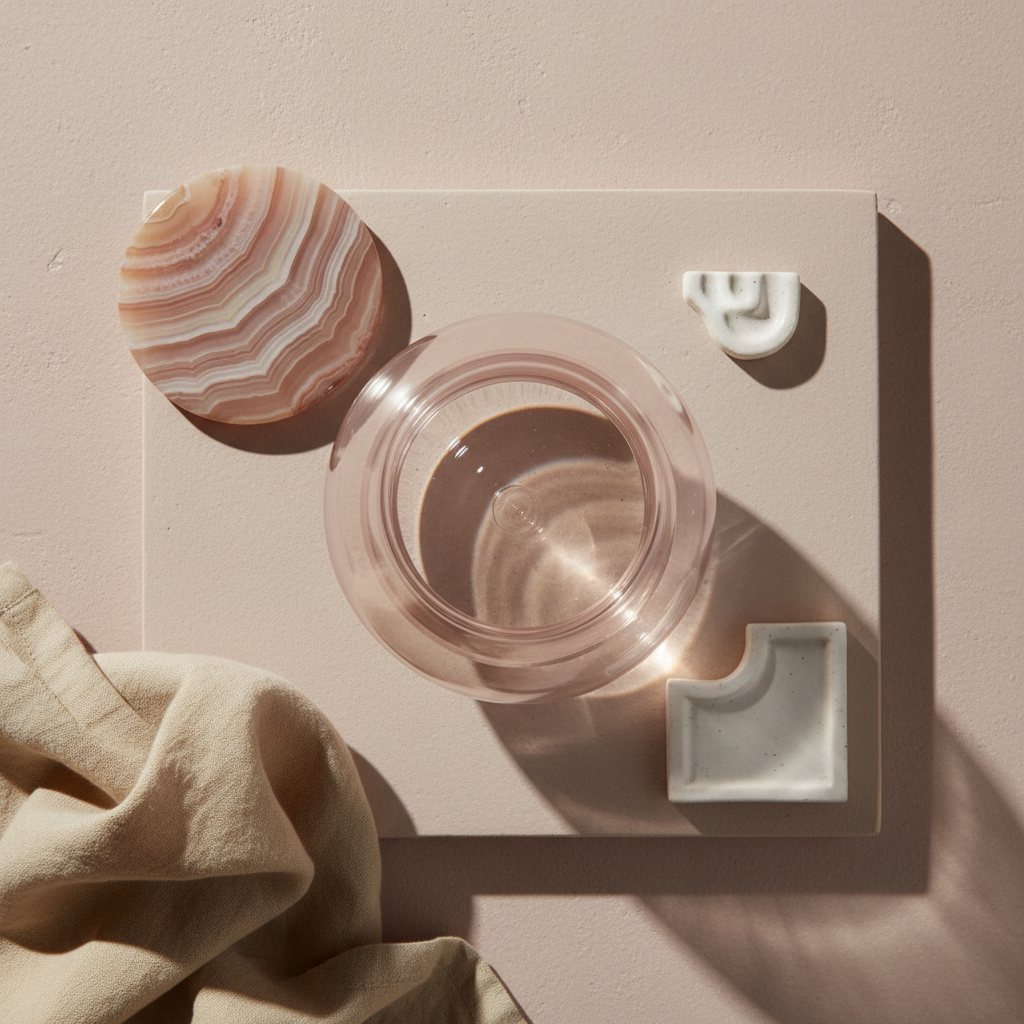 A refined product flatlay on a smooth, pale blush concrete slab, evoking the tactile luxury of a Collagen Bar Paris. Centered is a handcrafted glass vessel with thick, curved walls and a faint rose tint, filled with clear, viscous liquid catching tiny highlights. Around it, carefully placed decor objects: a sliced onyx stone revealing soft pink and cream strata, a folded linen napkin in warm ecru, and a small abstract ceramic relief tile in matte white. Overhead, diffused studio lighting from one side creates gentle gradients and almost shadowless forms, maintaining a calm, sophisticated mood. Photographic realism with a directly overhead, bird’s-eye composition, sharp focus throughout, and a minimalist aesthetic emphasizing materiality and subtle color harmony.