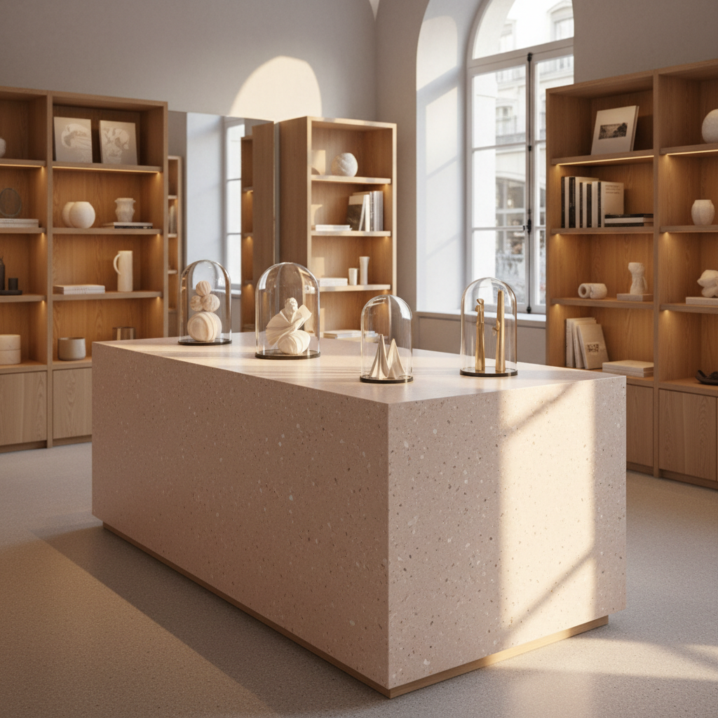 A luxuriously simple central display island in a Collagen Bar-inspired Paris concept store, composed of a monolithic block of pale rose terrazzo with tiny flecks of quartz and shell. On its surface, a precise arrangement of glass cloches covers small, intricate design objects: hand-carved alabaster spheres, folded porcelain sculptures, and polished brass totems. The island stands in a spacious, pale microcement interior, with floor-to-ceiling shelves in light oak holding art books and limited-edition decor pieces. Golden hour light floods through tall windows, casting long, elegant shadows and warm reflections on the terrazzo. Photographic realism, shot from a slightly elevated three-quarter angle, with crisp focus on the island and a gentle bokeh on the shelves, creating a refined, gallery-like mood.