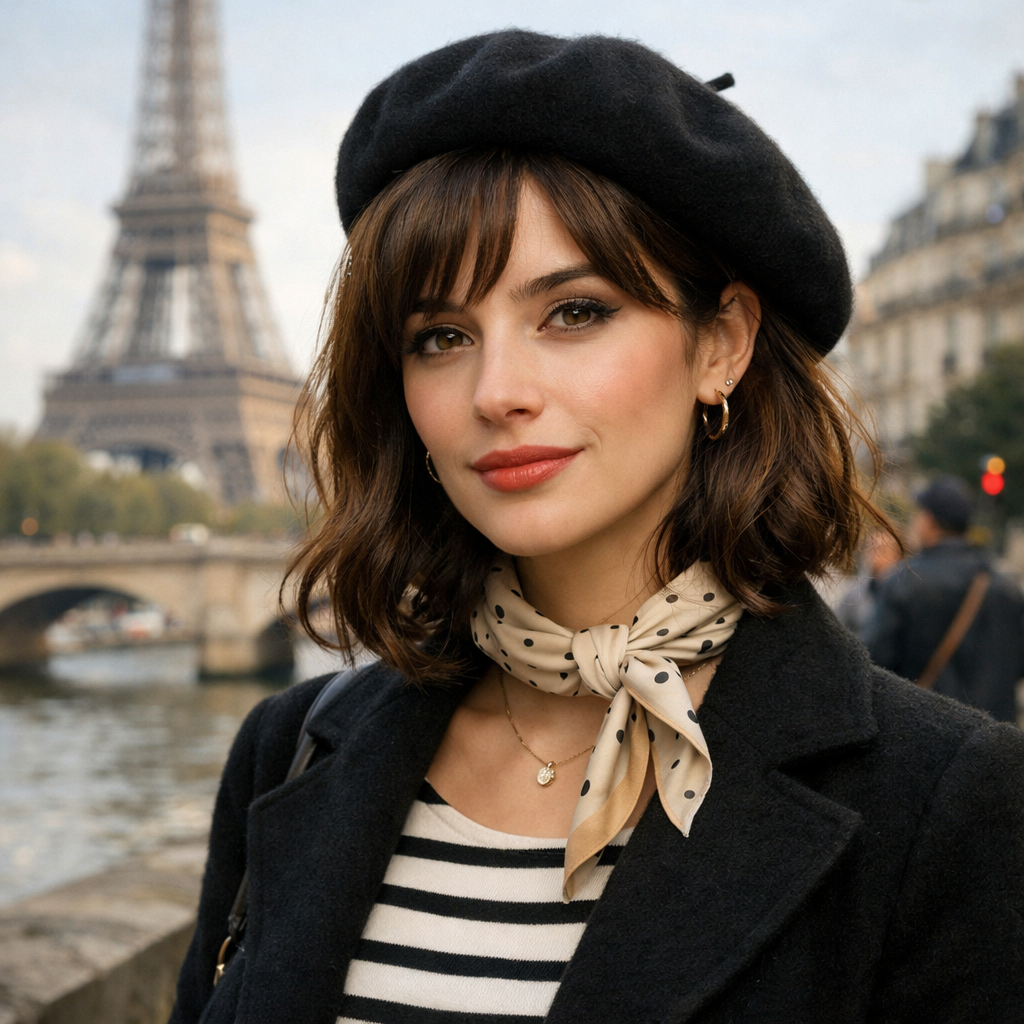 Woman wearing a black beret and polka dot scarf standing near the Eiffel Tower in Paris