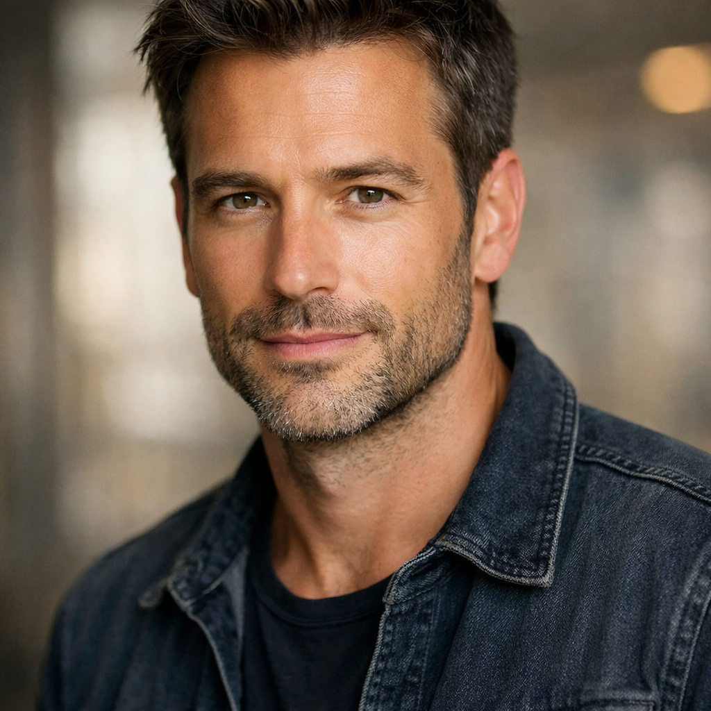 Man with stubble wearing denim jacket looking at camera