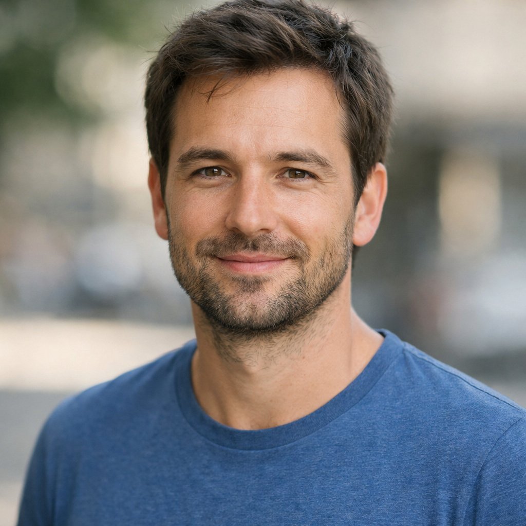 Young man with brown hair and beard wearing blue t-shirt smiling outdoors